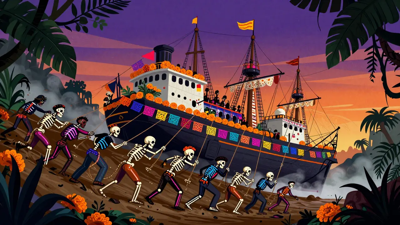 Skeletal crew dragging a decorated steamship up a jungle hill