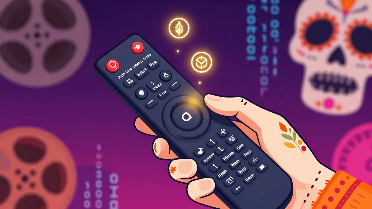 Skeletal hand holding remote with glowing settings icons