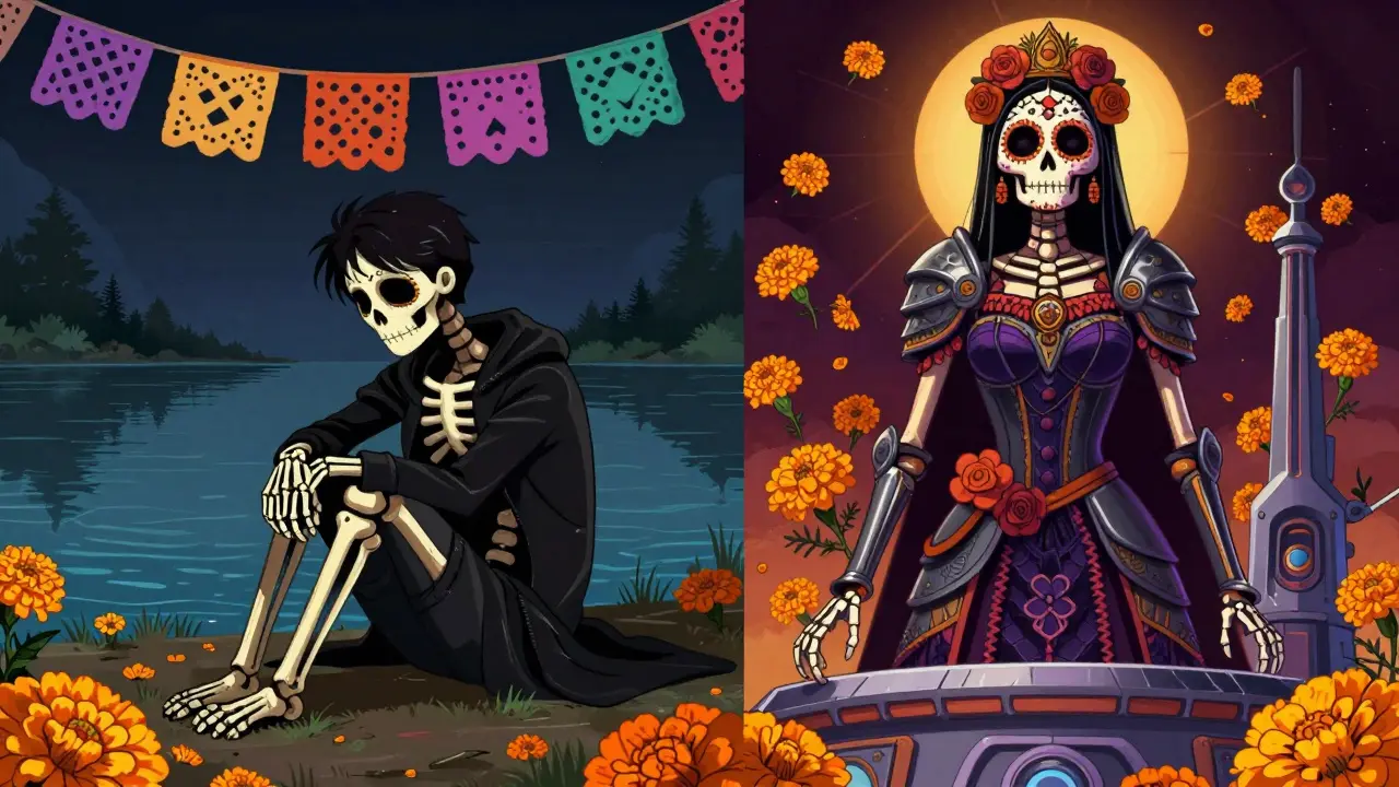 Skeleton actors Elias and Maya in contrasting poses