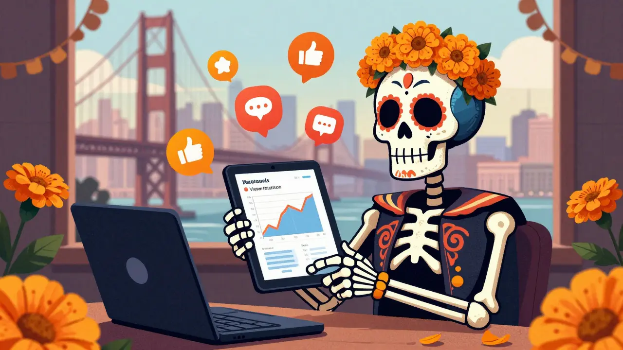 Skeleton analyzing streaming metrics on a tablet amidst festive marigold decorations.