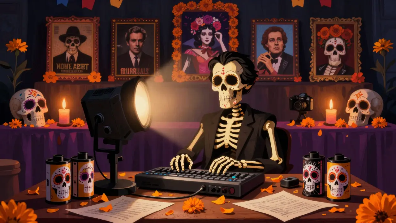 Skeleton filmmaker at a vintage editing desk adorned with calavera designs and marigold petals, with an altar of classic films in the background
