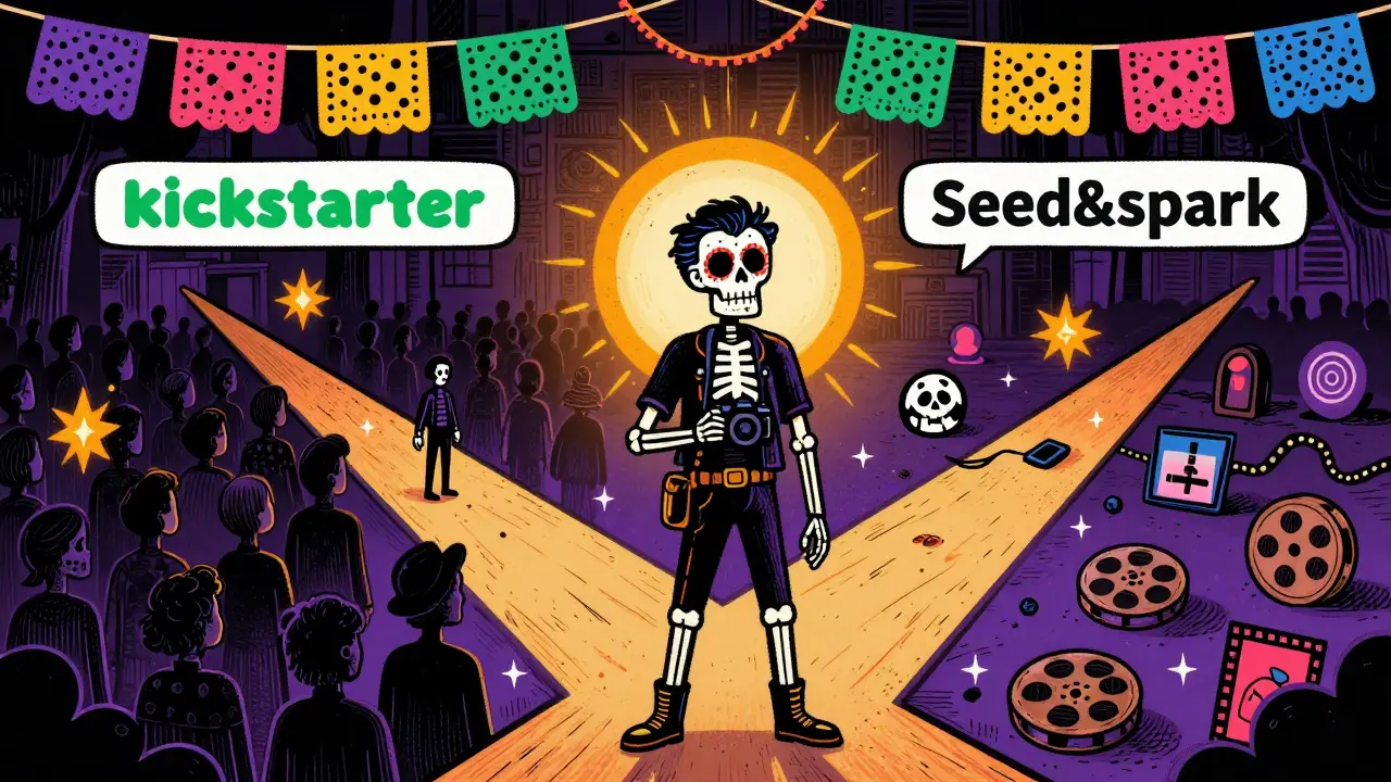 Skeleton filmmaker choosing between two paths representing different crowdfunding platforms.