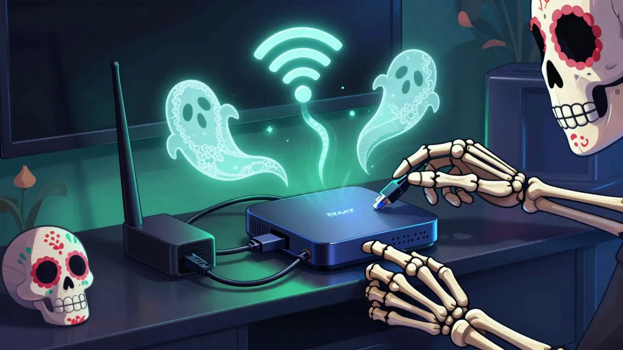 Skeleton hands connecting streaming devices and antennas in Day of the Dead aesthetic