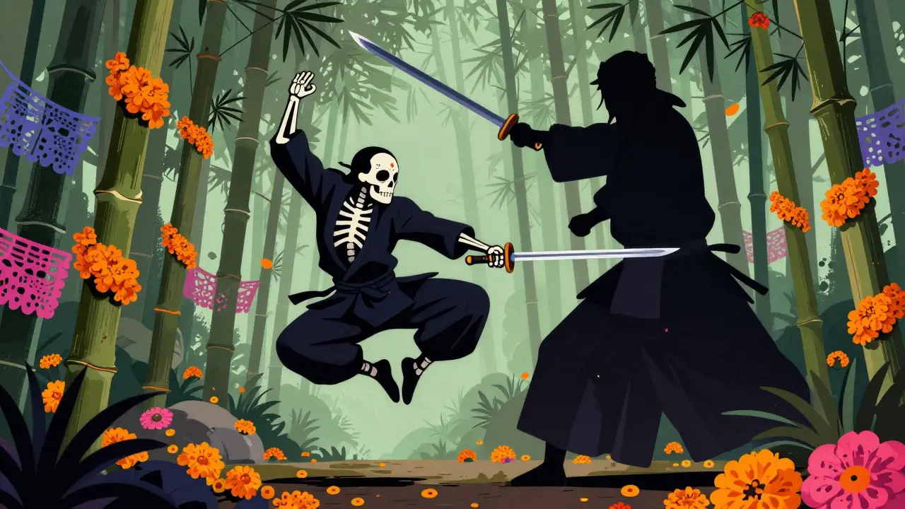 Skeleton leaping through bamboo forest with marigold decorations