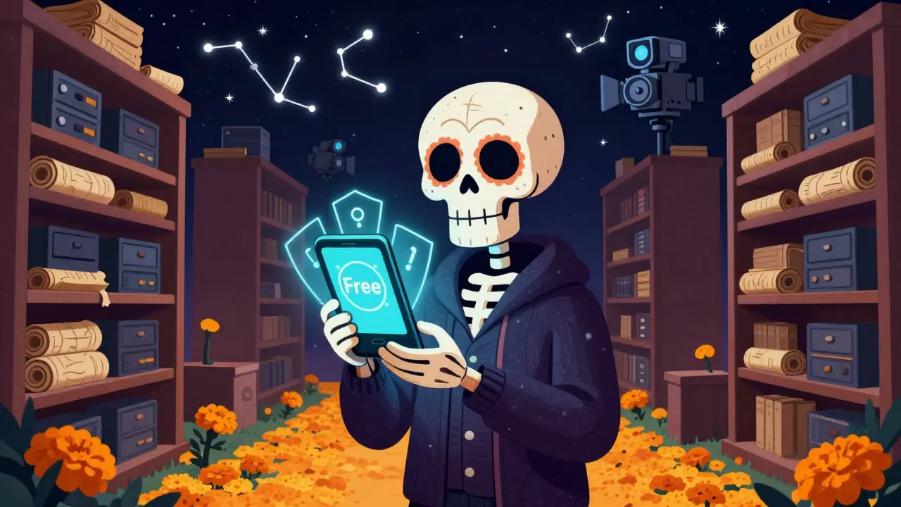 Skeleton librarian guarding a digital library with marigolds and film icons.