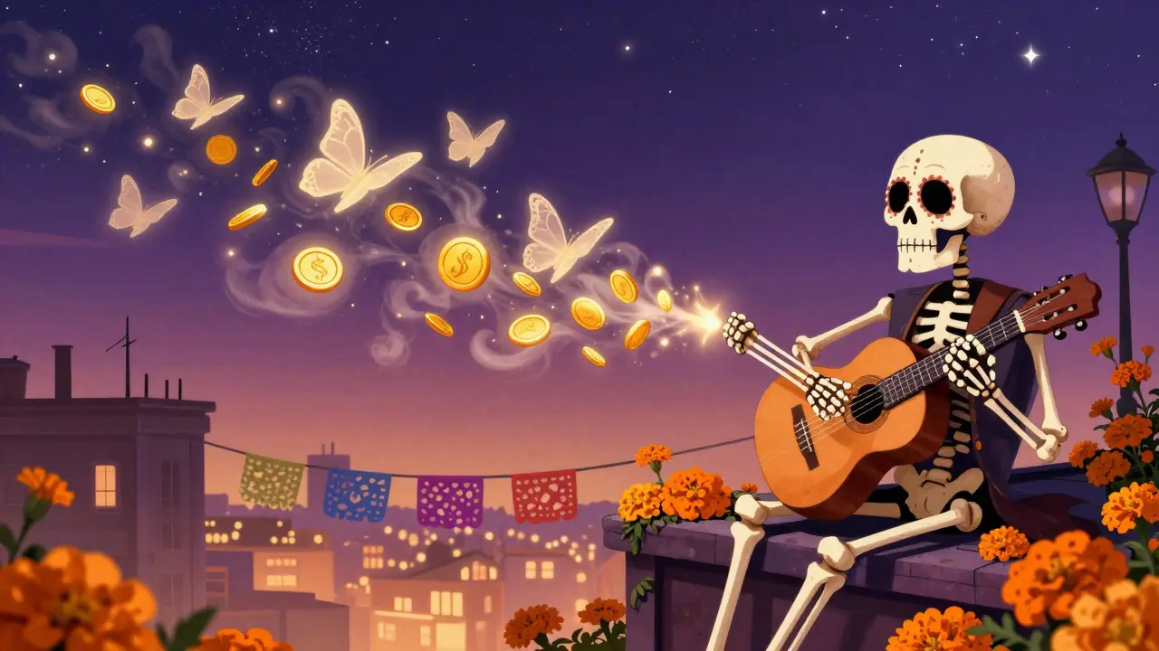 Skeleton playing guitar as music turns into butterflies, Day of the Dead style