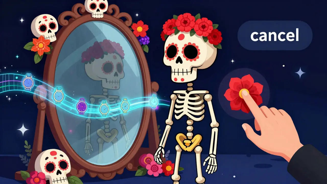 Skeleton reflecting preserved watch history in mirror