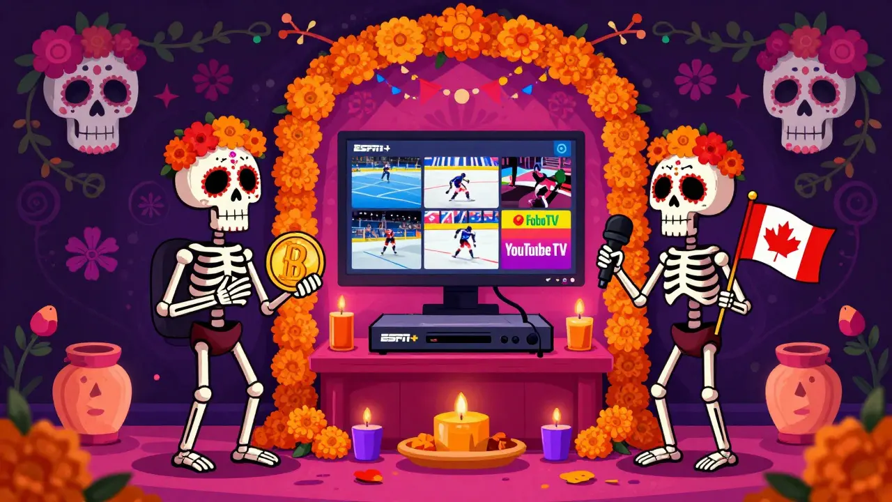 Skeletons choosing streaming services depicted as altar offerings in Day of the Dead art