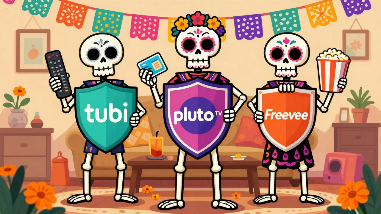 Skeletons holding shields for legal free streaming services in festive attire