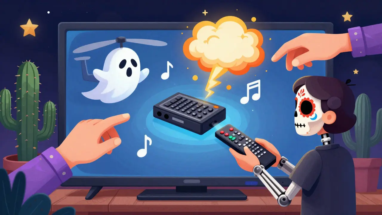 Skeletons sorting floating audio objects like helicopters and music notes in a Day of the Dead style room.