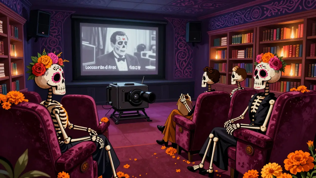 Skeletons watching classic movies in a library decorated with Day of the Dead art