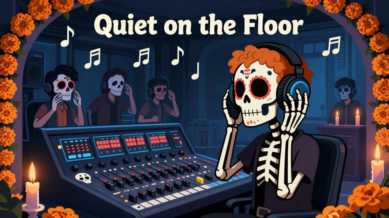 Sound mixer with skeleton hands adjusting headphones while crew freezes in silence on set.