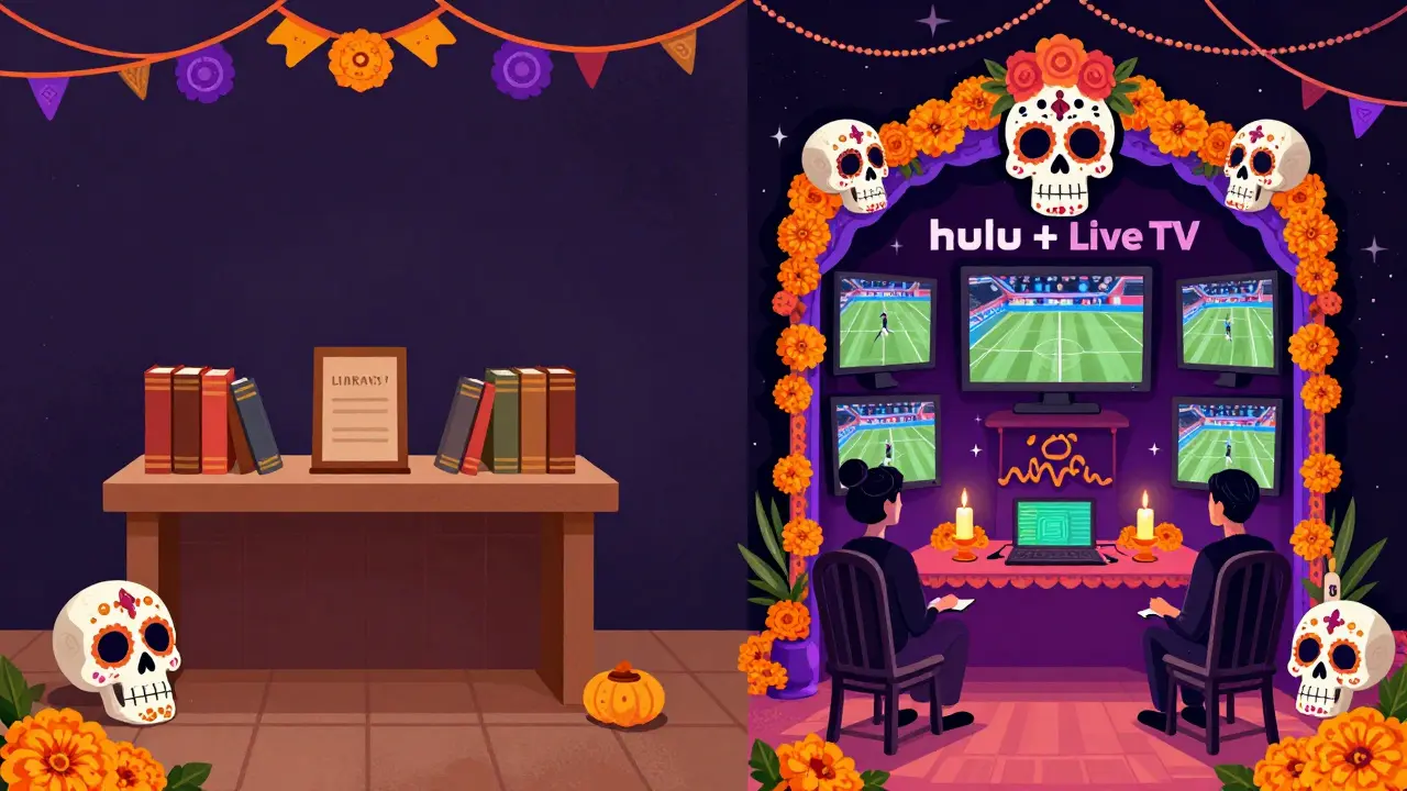 Split illustration comparing basic vs live TV options using Day of the Dead altars and glowing screens.