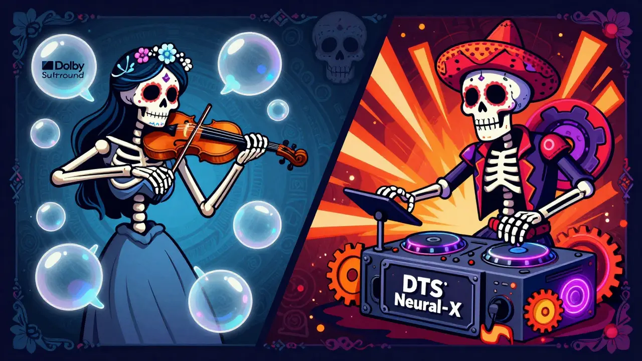Split illustration comparing subtle Dolby Surround vs aggressive DTS Neural:X using skeleton characters.