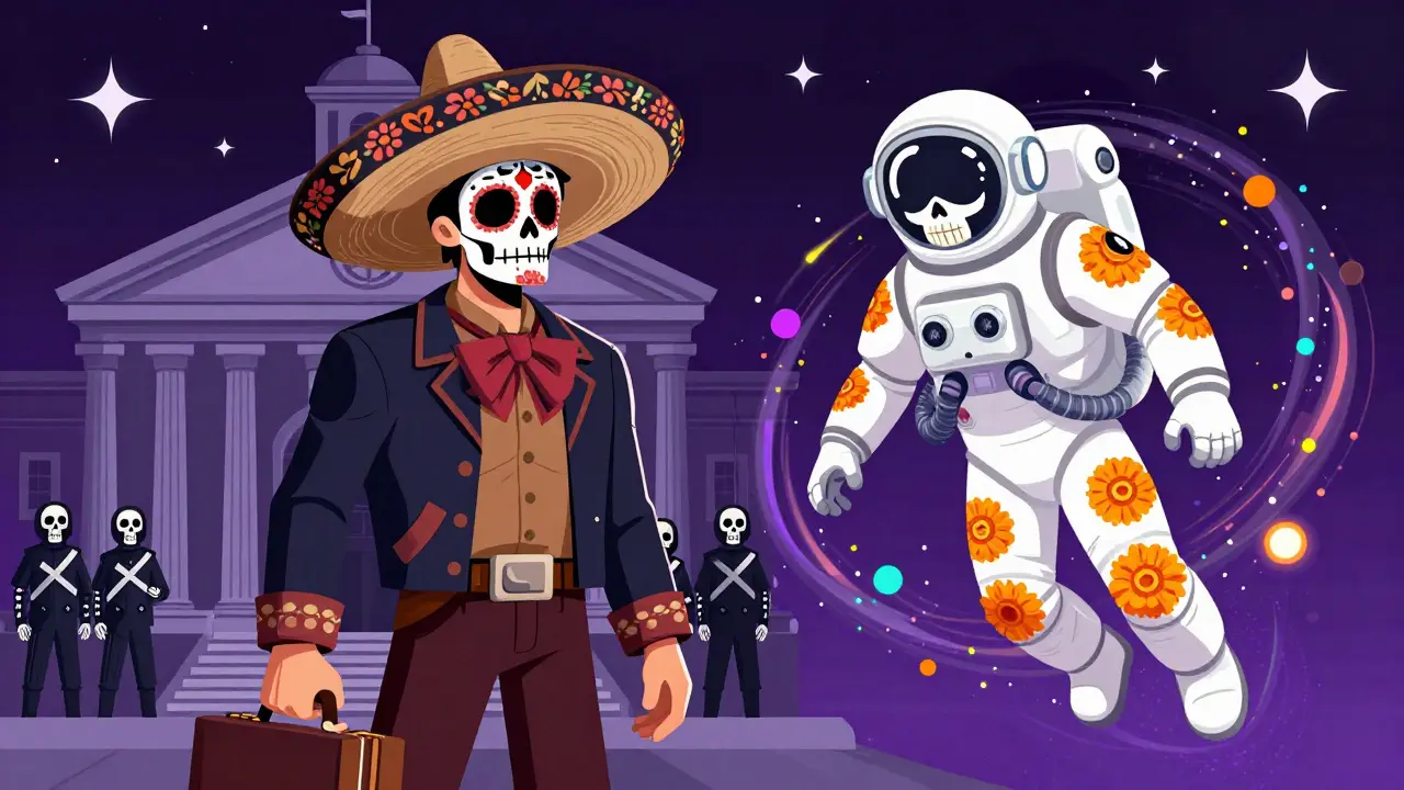 Split illustration of a dramatic father figure and a futuristic astronaut, both styled with Day of the Dead motifs.