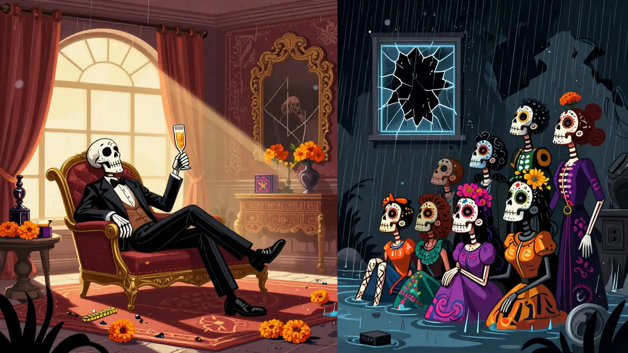 Split view of wealthy skeleton in penthouse vs poor skeletons in flooded basement