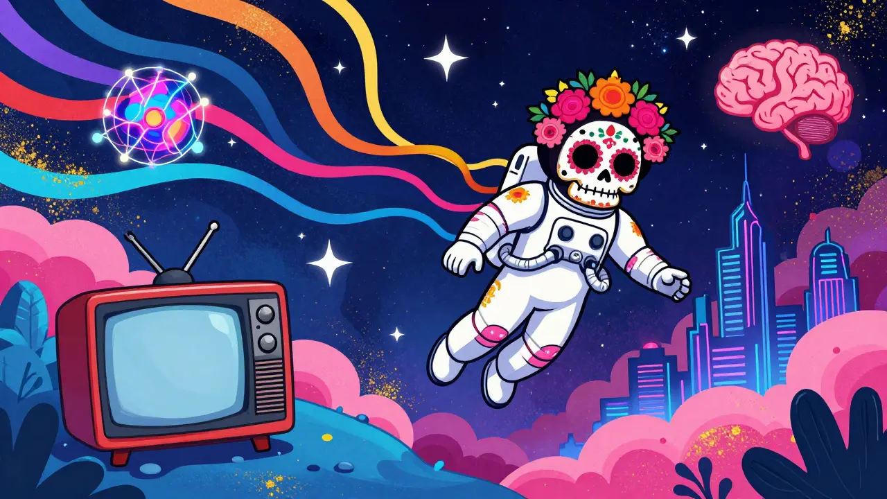 Surreal cartoon of astronaut in space with sci-fi and folk art elements