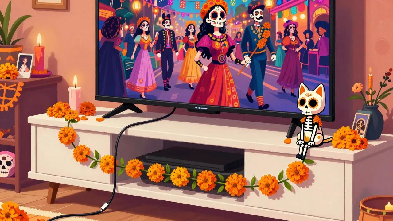 TV with hidden Ethernet cable as flower vine in festive Day of the Dead living room