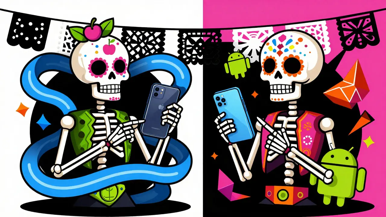 Two skeletons comparing Apple AAC and Android aptX/LDAC audio codecs in Day of the Dead style