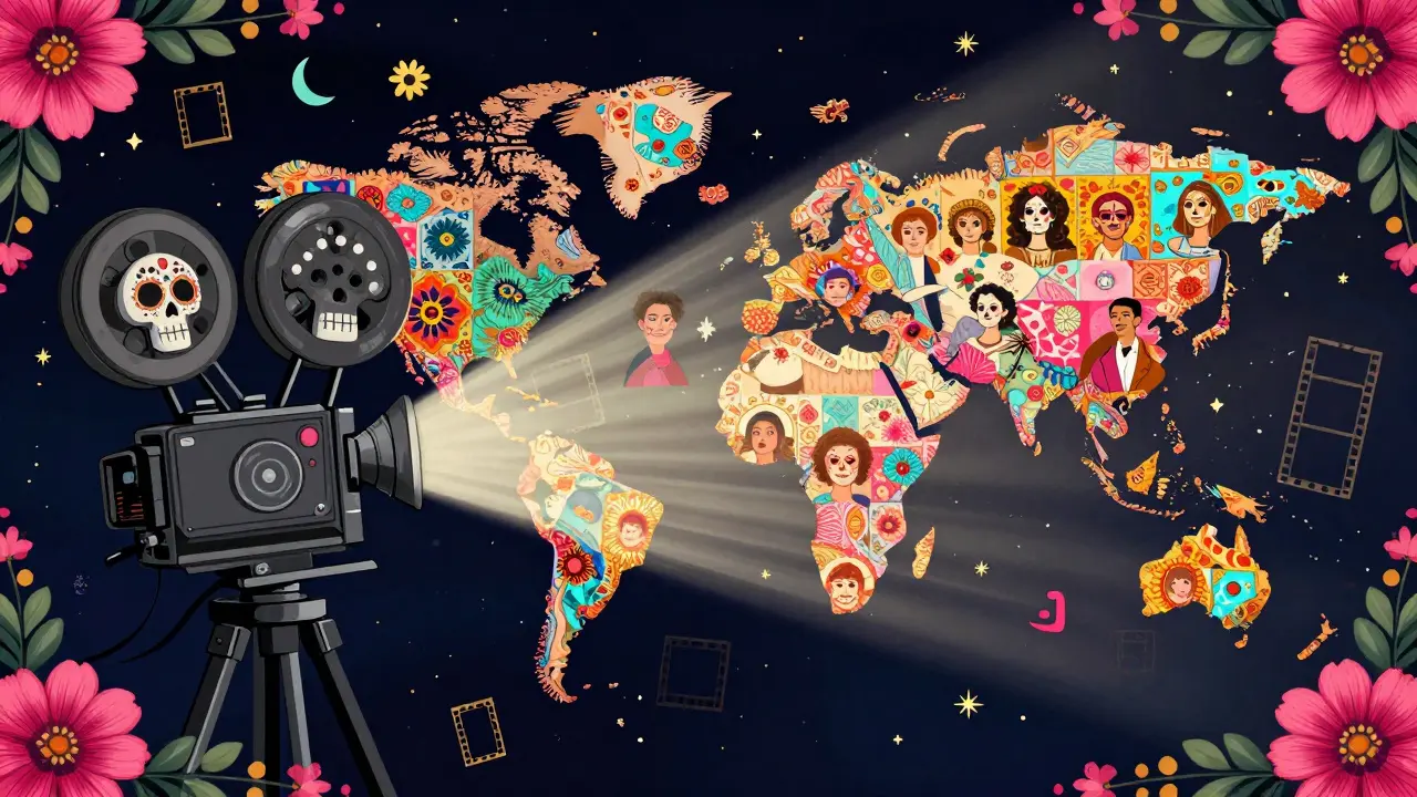 Vibrant Day of the Dead style art showing a film projector beaming Spanish cinema onto a global audience.