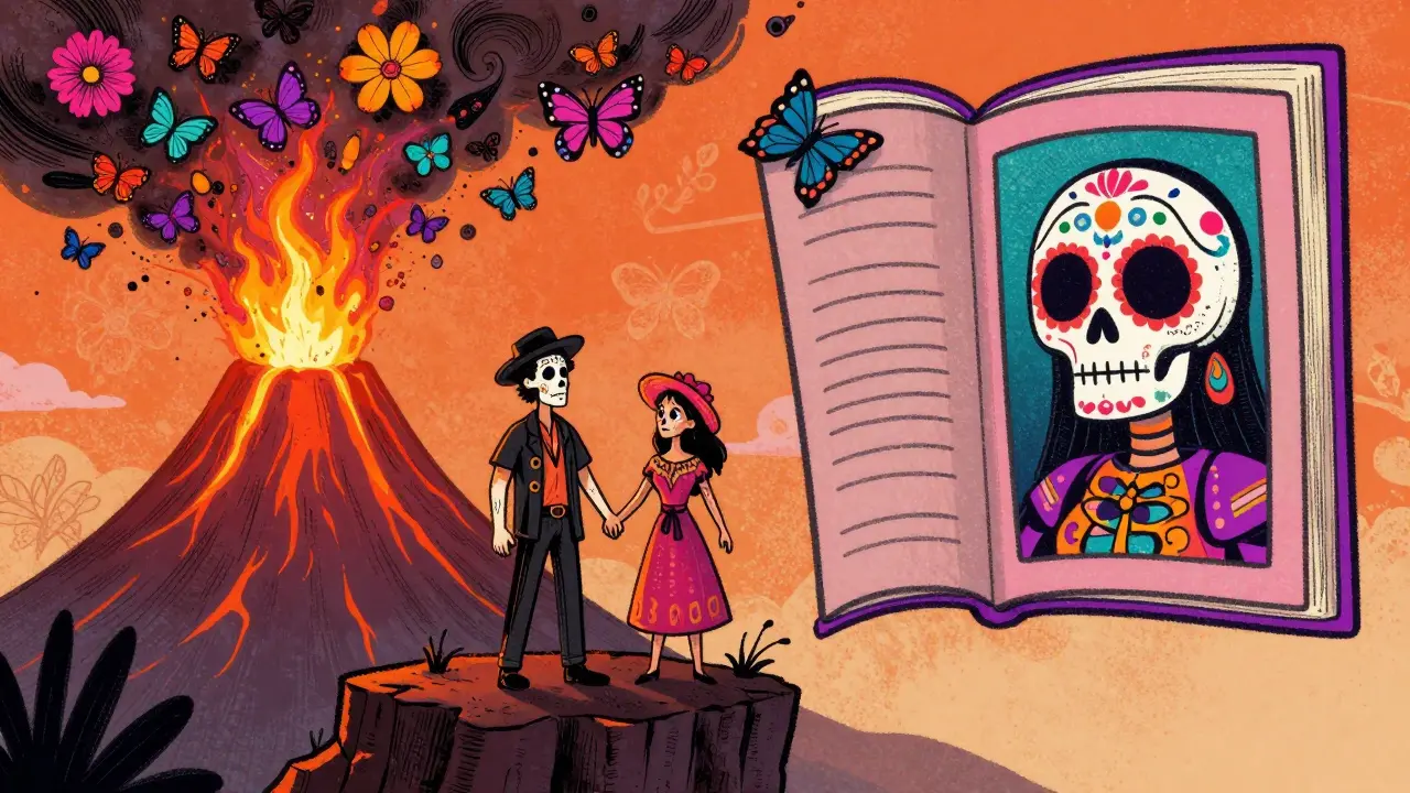 Volcanologists on a cliff and an animated character, surrounded by colorful butterflies and Day of the Dead art.
