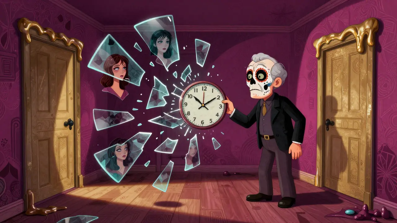 Warped apartment interior with confused man and floating doors