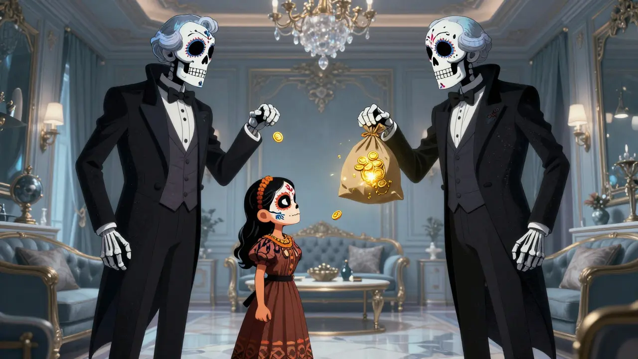 Ani confronts skeletal oligarchs in a luxury setting