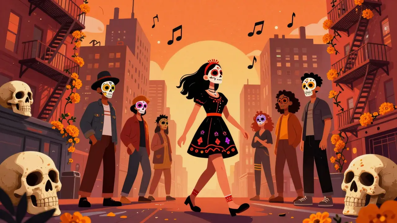 Ani walks through a marigold-filled NYC streetscape