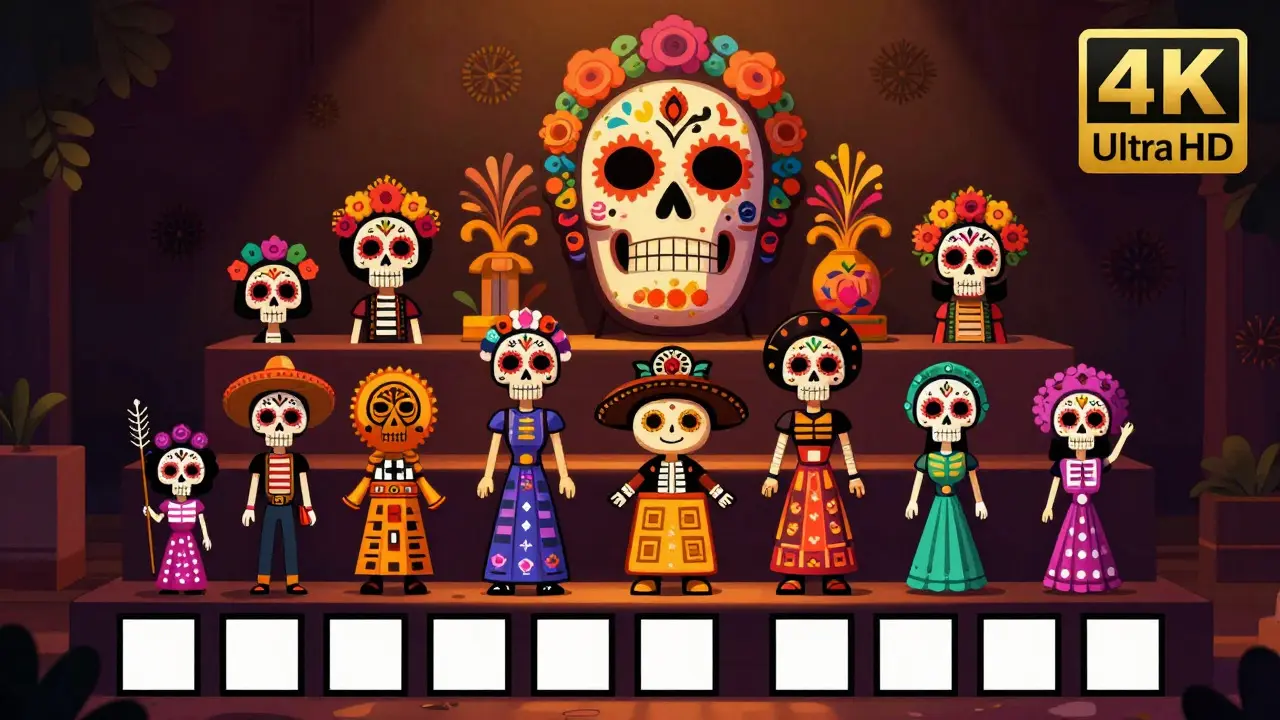 Artistic representation of video quality tiers as intricate masks and pixelated shapes