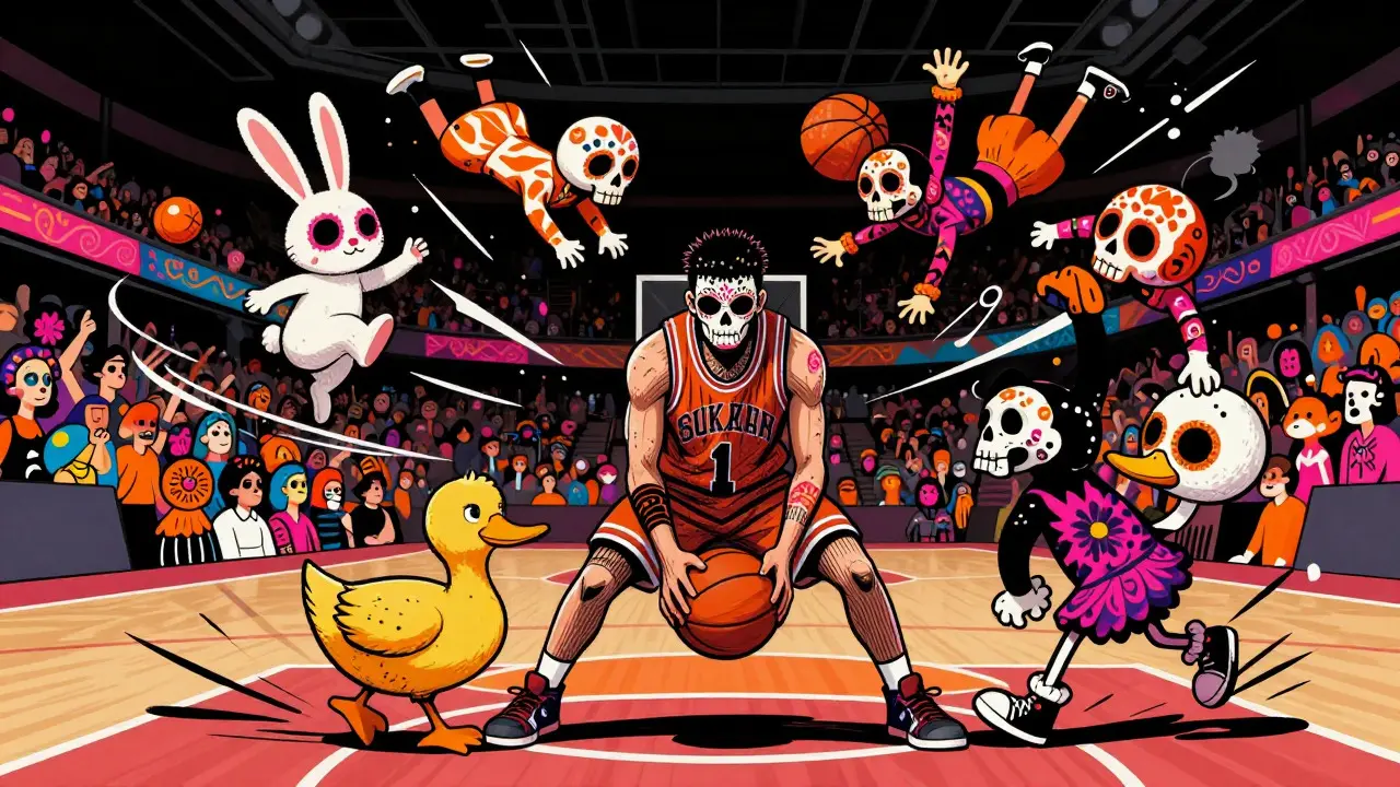 Basketball player facing chaotic cartoon animals in a vibrant, stylized sports arena scene