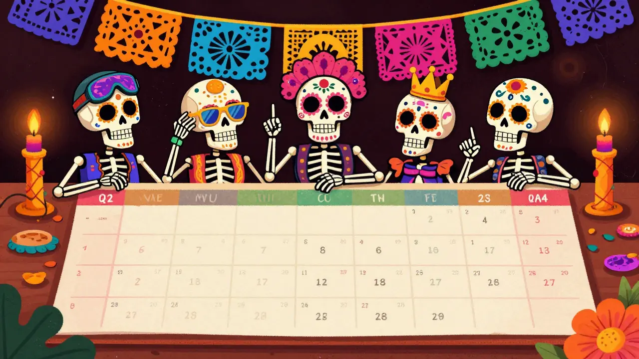 Calendary skulls representing streaming seasons in Dia de Muertos style