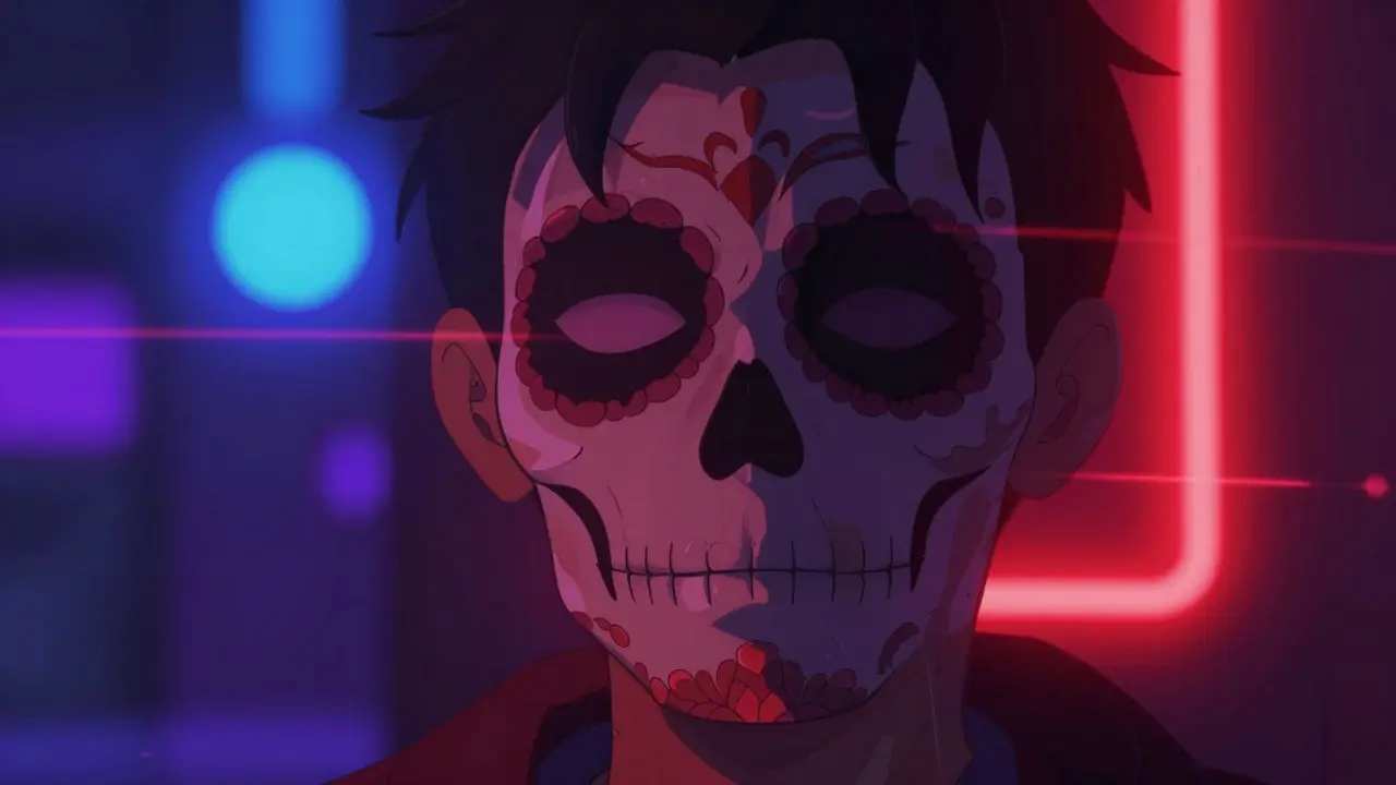 Close-up cartoon portrait with anamorphic lens flares and neon lighting