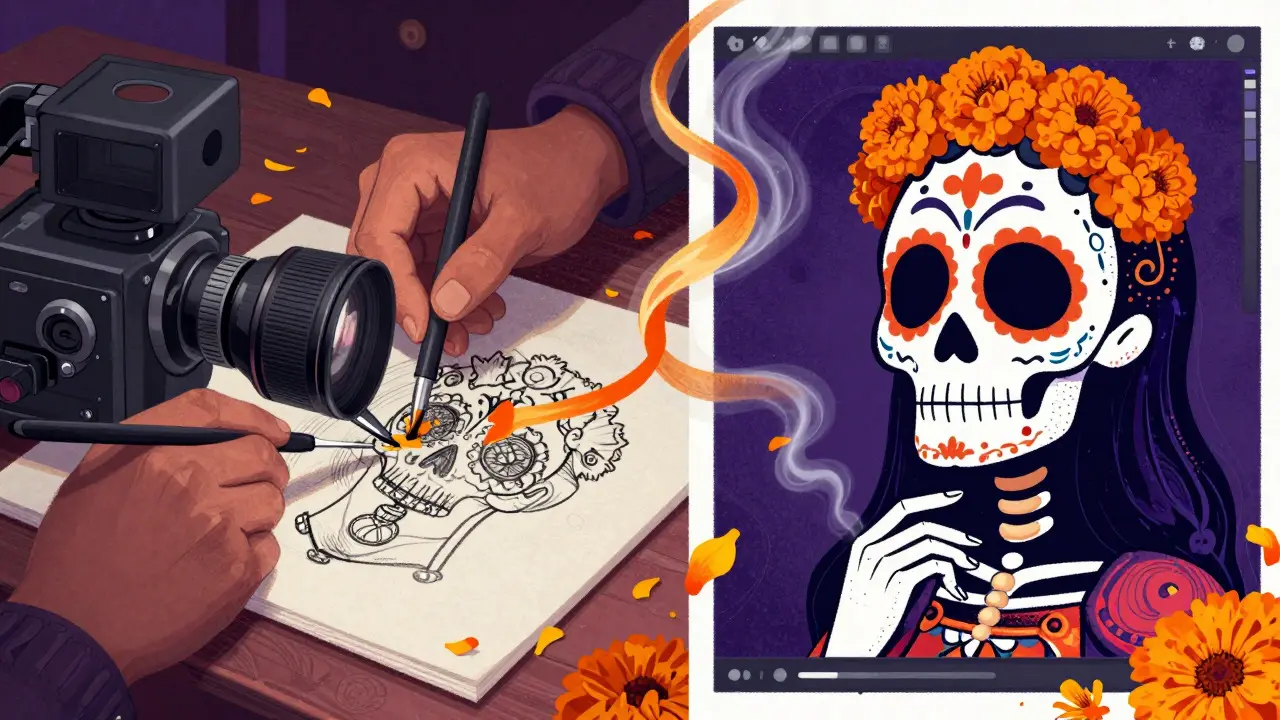 Conceptual art blending manual cel animation tools with digital interfaces using marigold motifs
