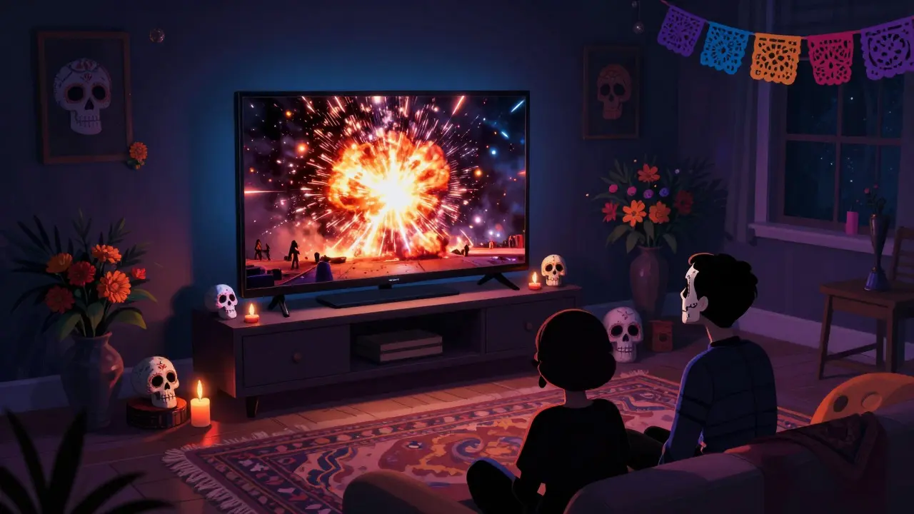 Cozy living room with TV displaying vivid HDR content surrounded by sugar skull decor