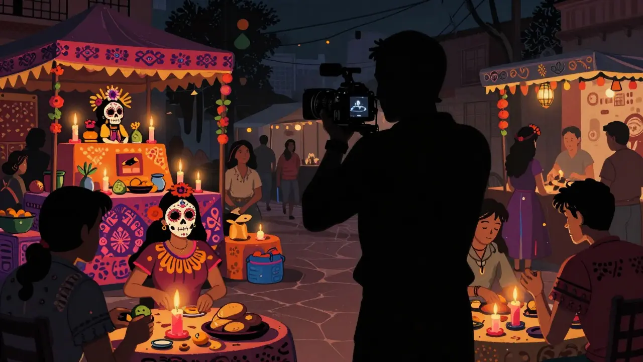 Day of the Dead style cartoon showing invisible observational filming at a decorated altar
