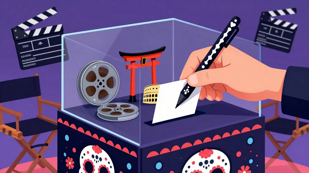 Day of the Dead styled voting booth with international film reels inside