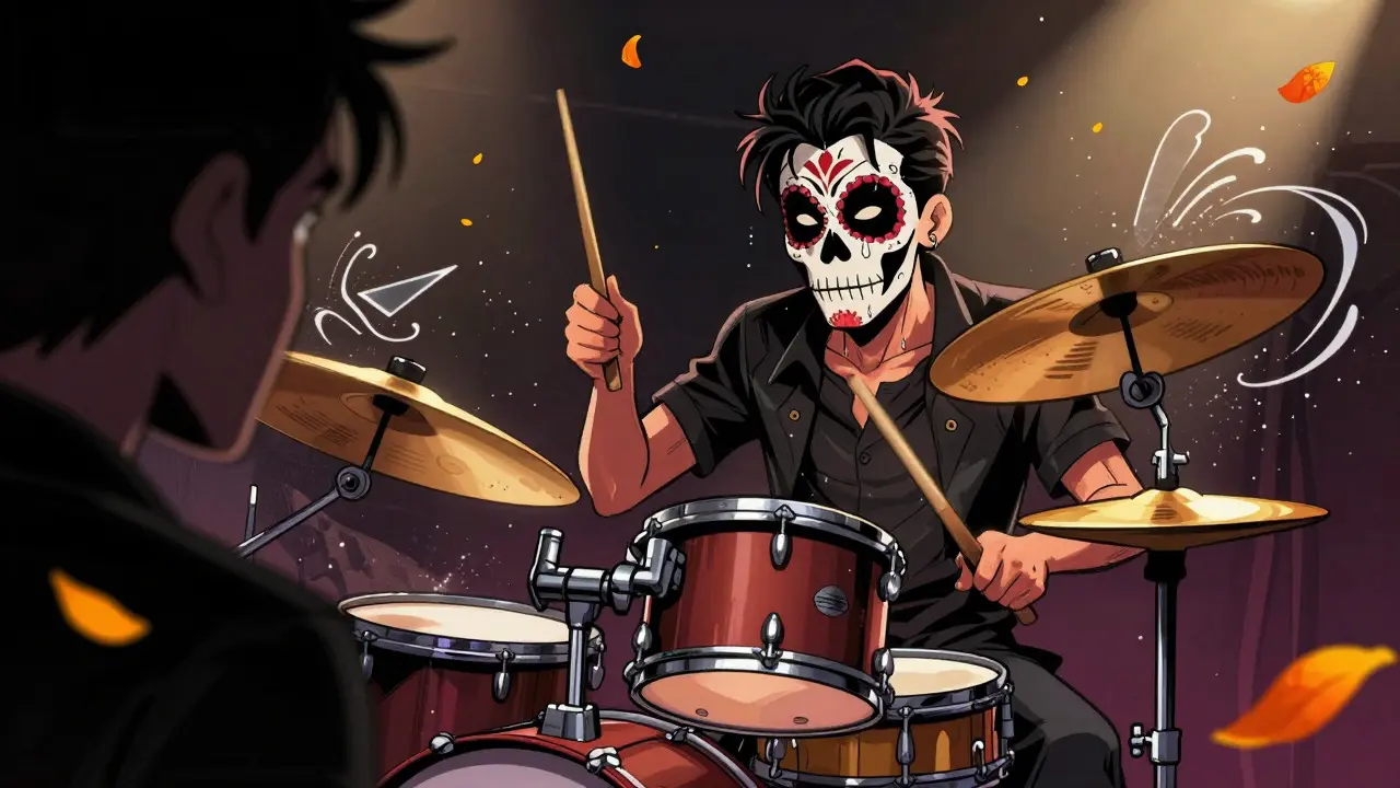 Drummer performing solo while teacher watches from shadows
