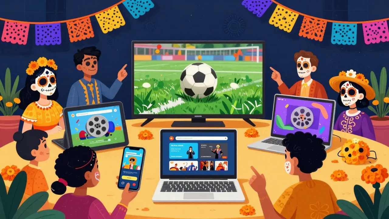 Family members using various screens to stream content in a decorated living room