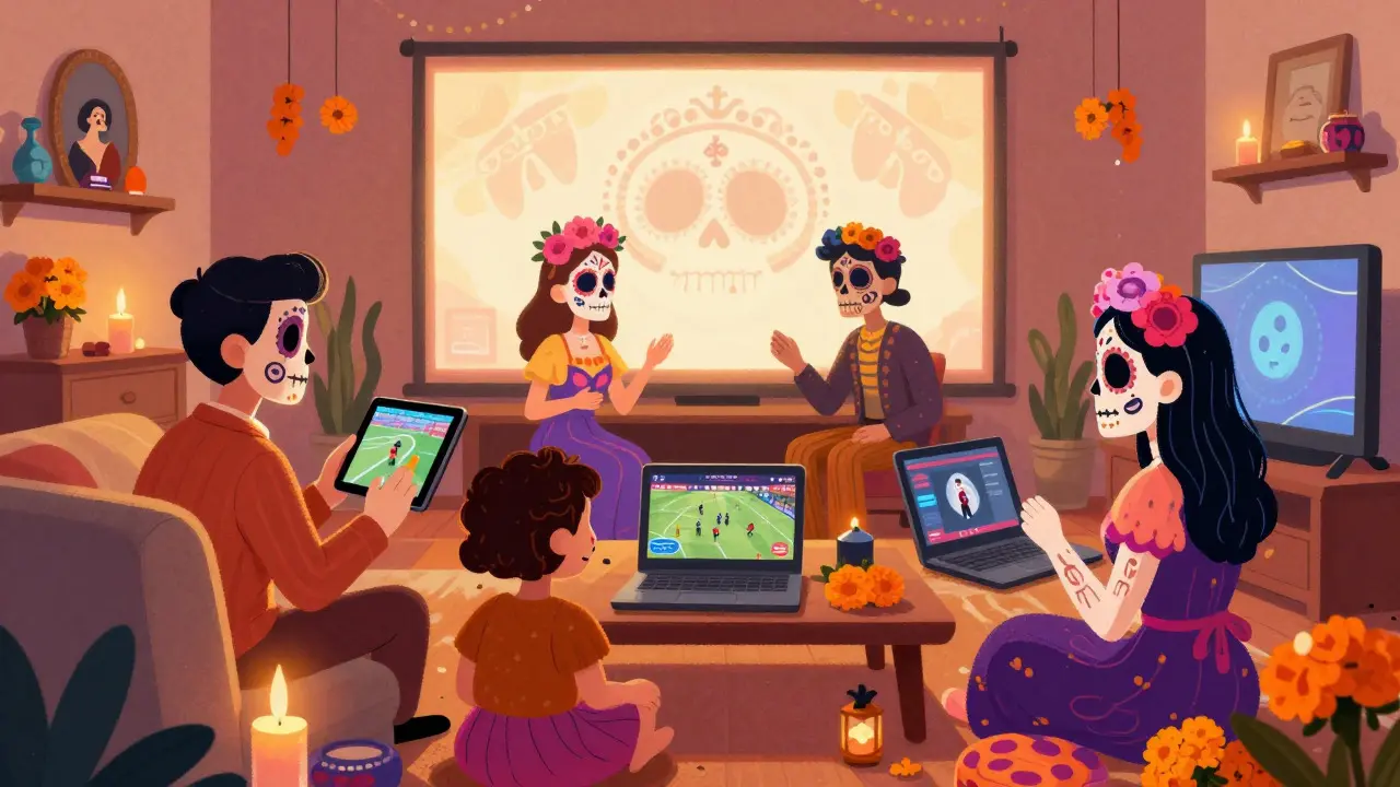 Family watching streams in decorated room, Day of Dead art