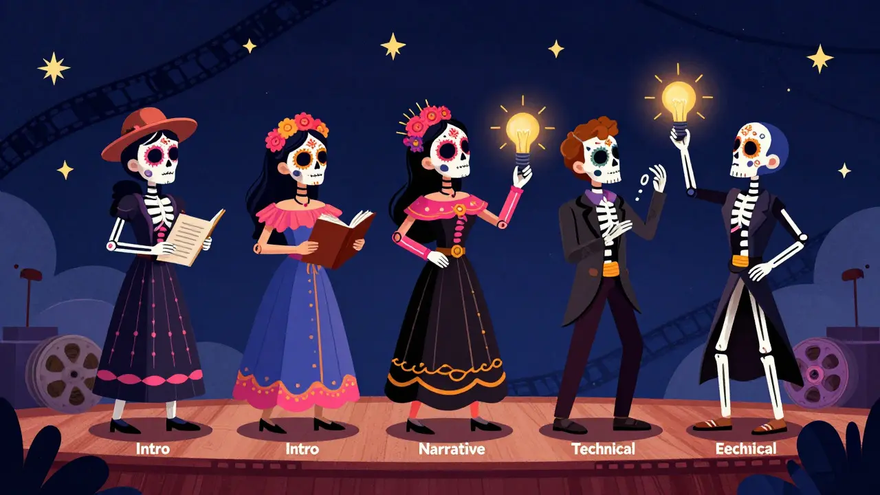 Five costumed characters representing review sections on a film reel stage