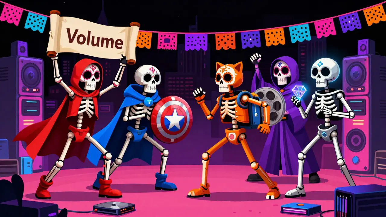 Five skeleton mascots representing streaming services battle on a server stage in Day of the Dead art.