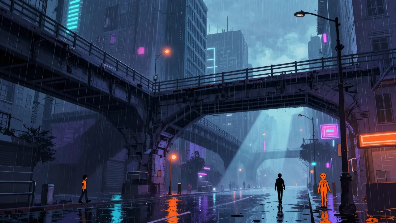 Future noir scene showing urban decay, rain reflections, and volumetric light