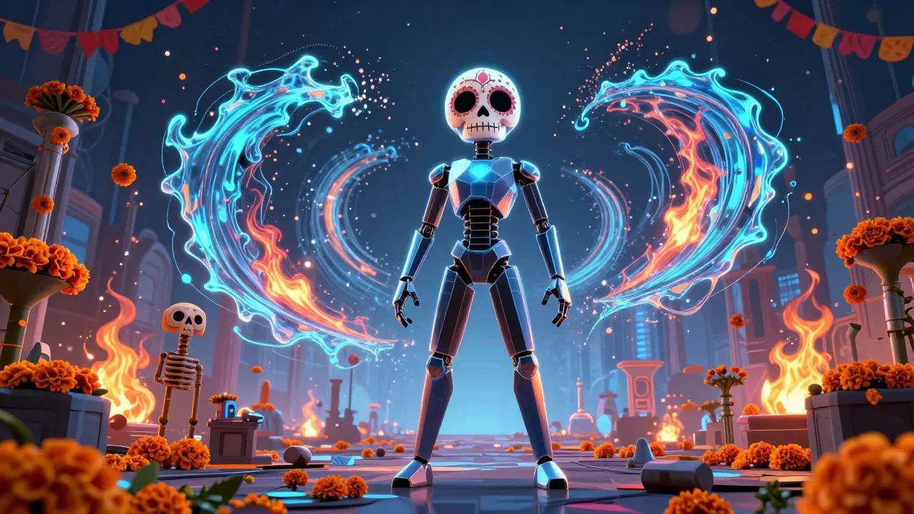 Geometric digital character standing amidst wireframes and fluid simulations