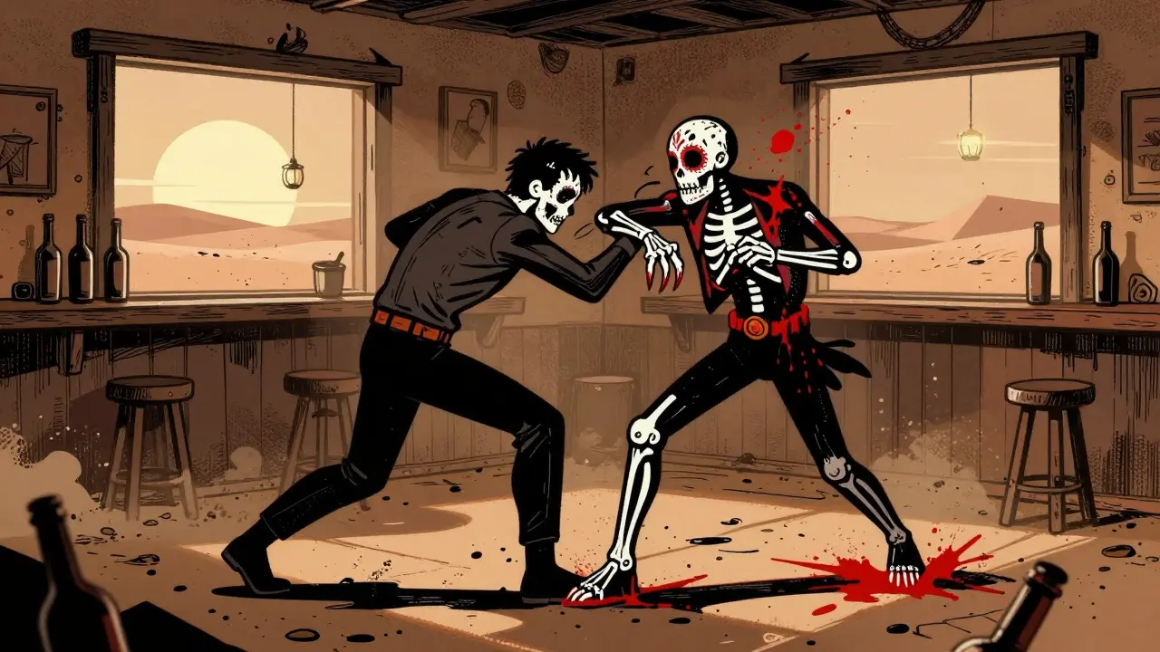 Gritty illustration of a brutal hand-to-hand fight in a desert bar