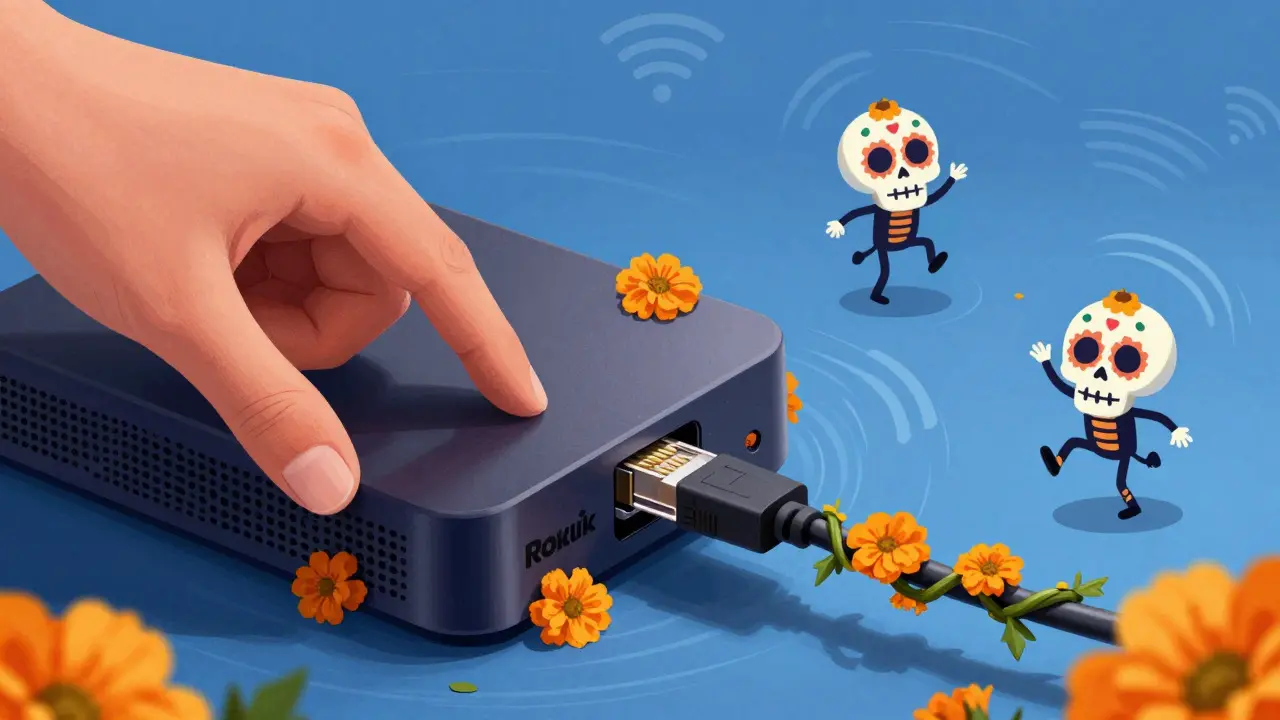 Hand connecting Ethernet cable to Roku device surrounded by celebratory skeletons