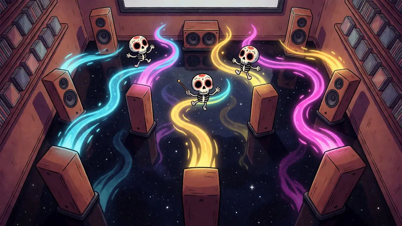 Home theater speakers emitting colorful energy ribbons with floating skulls in a vibrant cartoon scene.