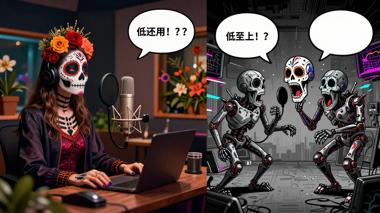 Illustration comparing high-quality voice acting with robotic dubbing errors