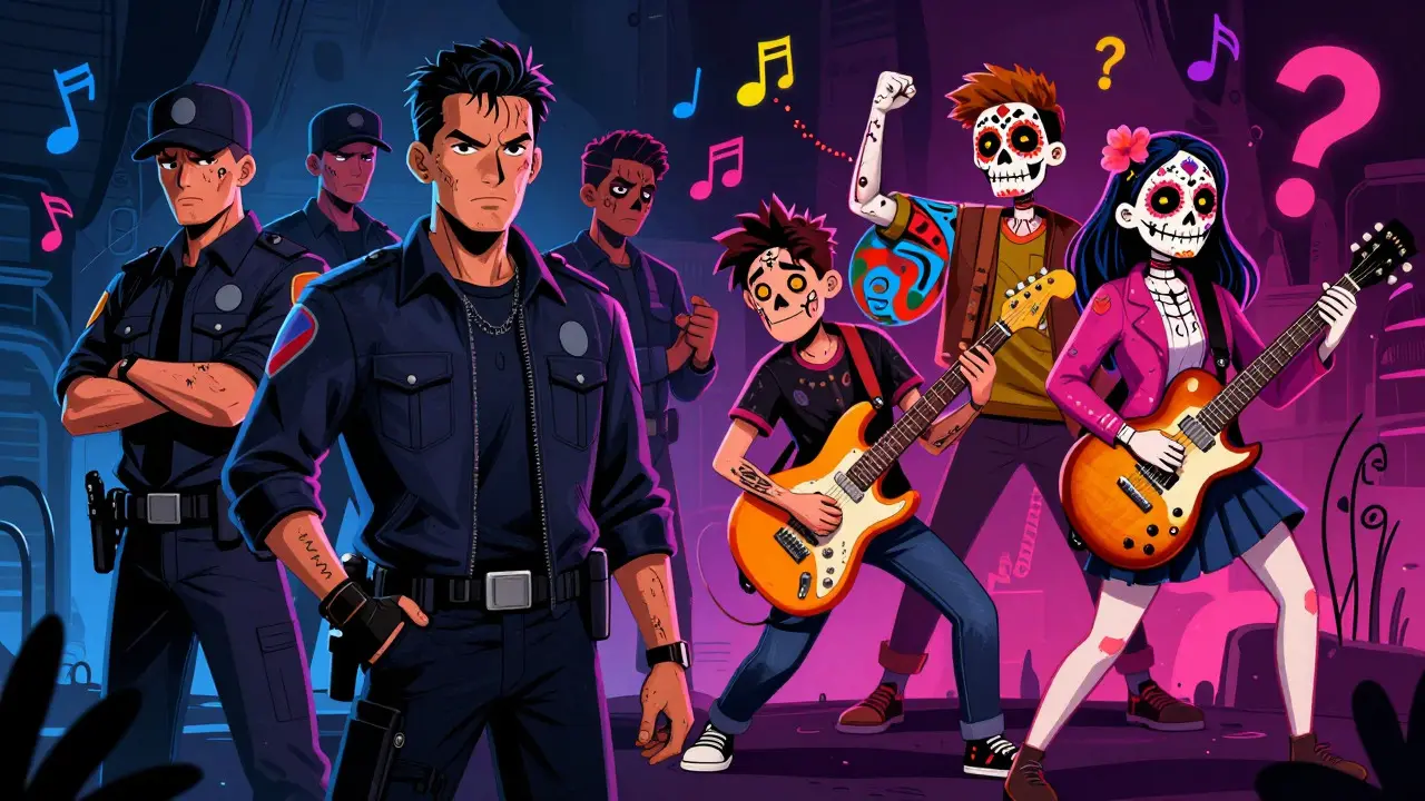 Illustration of crime detectives and teen musicians with Day of the Dead makeup