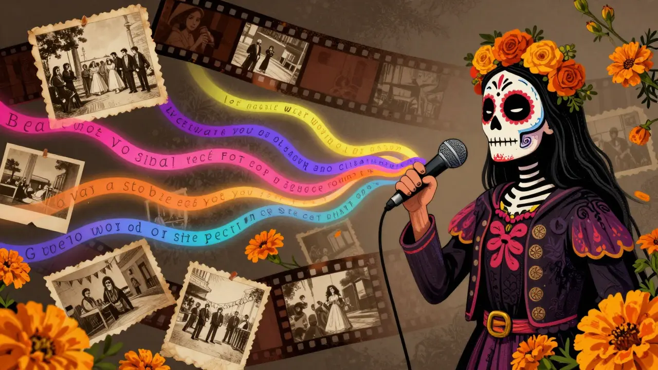 Illustration of narration weaving through archival photos in Day of the Dead artistic style