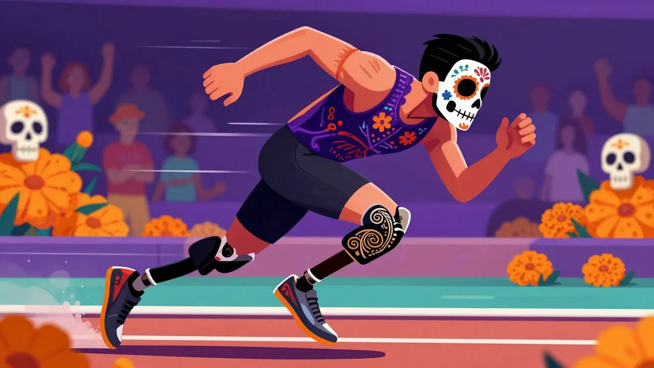 Para athlete with sugar skull makeup and ornate prosthetic running on track